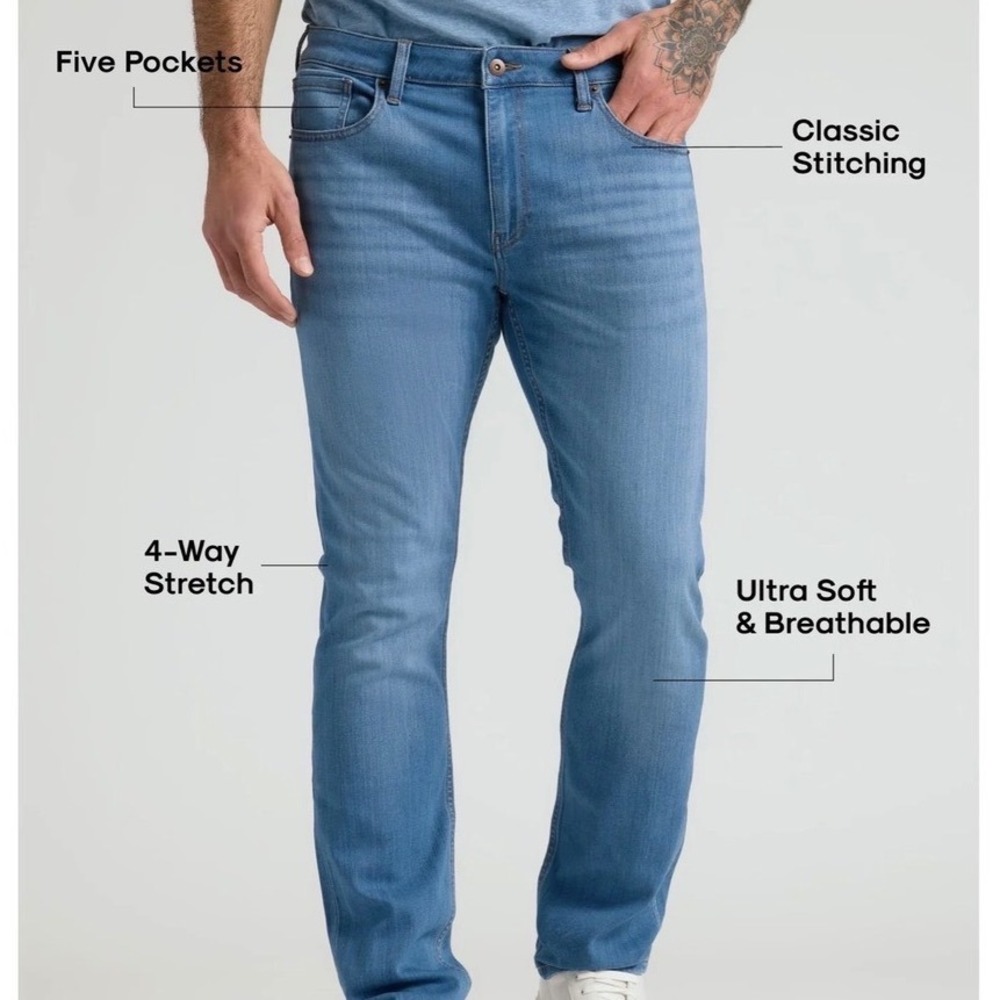 True Classic Mens Straight Leg Jeans 32x34 Medium Wash Blue 4-Way Stretch Denim